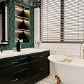 Elegant Bathroom With Green Mosaic Tile Wall Black Vanity Marble Countertop Blinds And White Bathtub