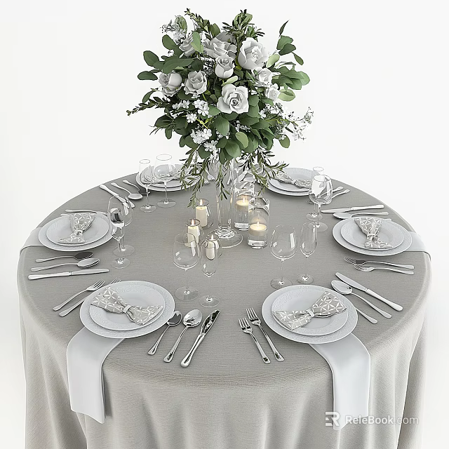 Elegant Dinnerware Set with White Flower Bouquet Candles Gray Tablecloth Plates Cutlery Wine Glasses 3d model 