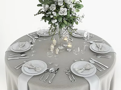 Elegant Dinnerware Set with White Flower Bouquet Candles Gray Tablecloth Plates Cutlery Wine Glasses 3d model