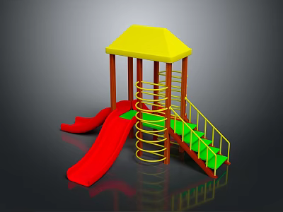 Colorful Playground Equipment with Yellow Roof Red Slide Green Stairs Orange Frame and Climbing Net 3d model
