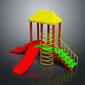 Colorful Playground Equipment with Yellow Roof Red Slide Green Stairs Orange Frame and Climbing Net