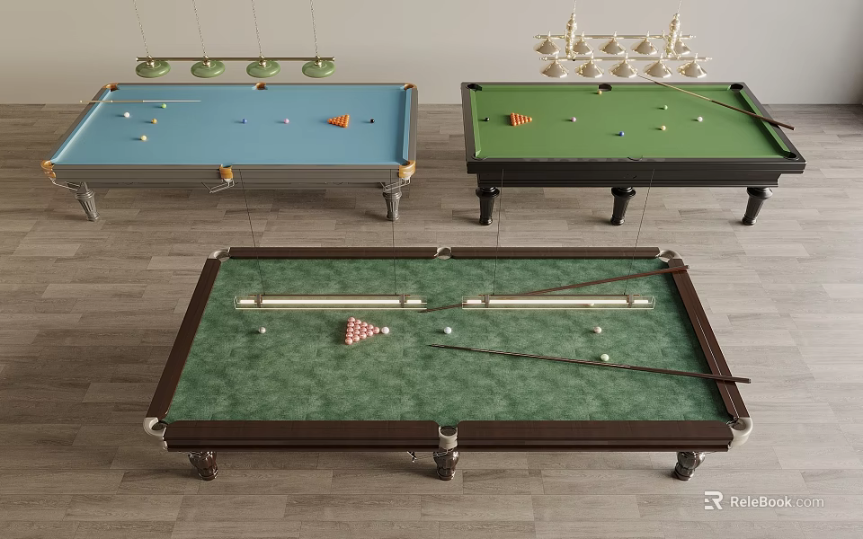 Spacious Billiard Room Interior With Green Felt Tables And Hanging Pendant Lights 3d model 