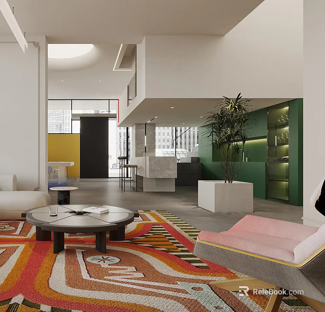 Bright Modern Open Interior With Colorful Rug Sofa Coffee Table And Green Wall 3d model 