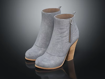 Stylish Gray Suede Ankle Boots With Side Zipper And Block Heel Design 3d model
