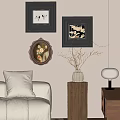 Stylish Living Space With Framed Wall Art Beige Sofa Wooden Stand Vase And Table Lamp
