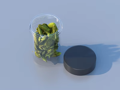 Dried Green Leafy Snacks in Transparent Plastic Jar With Black Lid 3d model