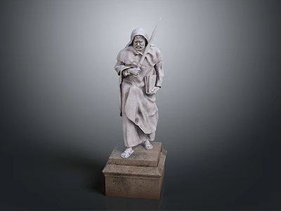 Man in Robe Holding Sword and Book Standing on Stone Pedestal 3d model