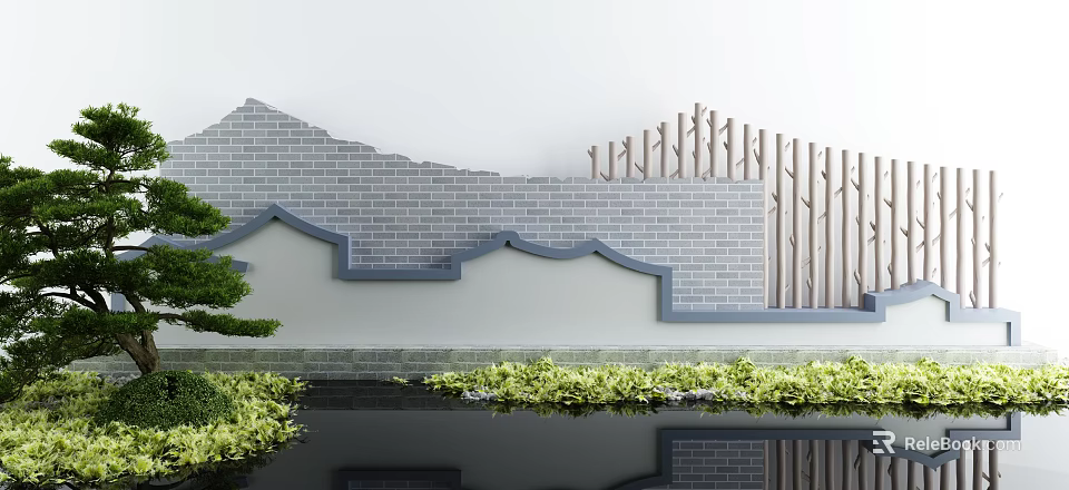 Traditional Garden Ornament with Gray Brick Wall Wooden Fence Pond Green Plants and Reflection 3d model 