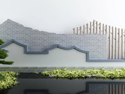 Traditional Garden Ornament with Gray Brick Wall Wooden Fence Pond Green Plants and Reflection 3d model