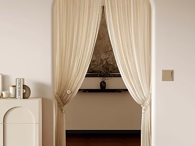 Elegant Interior Entrance With Beige Curtains Cabinet Decorative Items And Wooden Floor 3d model