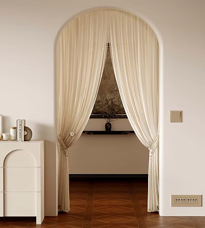 Elegant Interior Entrance With Beige Curtains Cabinet Decorative Items And Wooden Floor 3d model