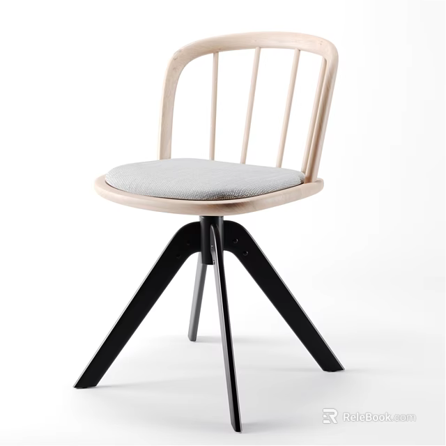 Modern Single Chair With Wooden Backrest Gray Padded Seat And Black Metal Legs 3d model 