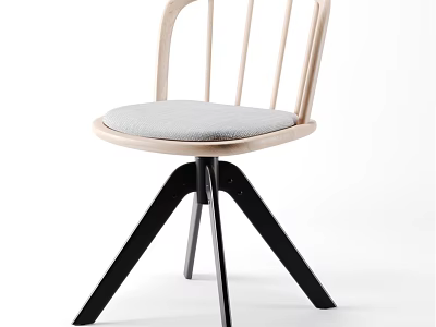 Modern Single Chair With Wooden Backrest Gray Padded Seat And Black Metal Legs 3d model