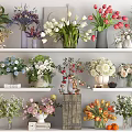 Beautiful Vase and Flower Arrangements on Shelves with Various Colors and Types