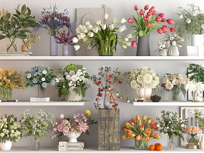 Beautiful Vase and Flower Arrangements on Shelves with Various Colors and Types 3d model