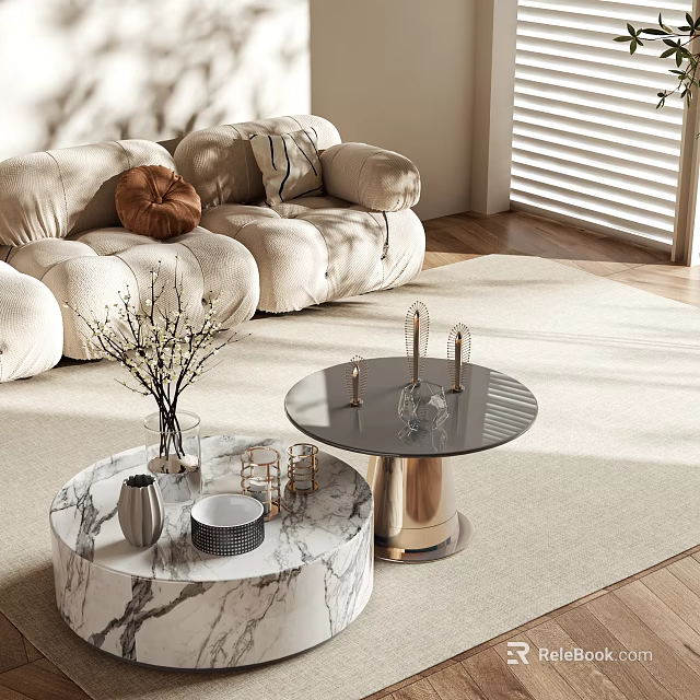 Modern Coffee Tables with Marble Top Metal Base Decorative Vase Glass Items on Light Rug 3d model 