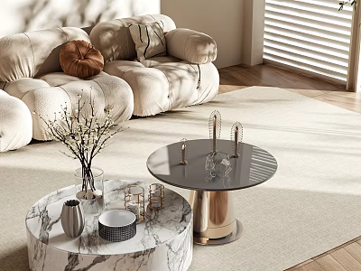 Modern Coffee Tables with Marble Top Metal Base Decorative Vase Glass Items on Light Rug 3d model