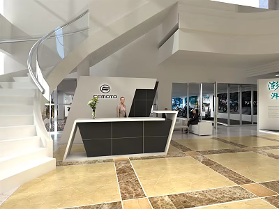 Modern Lobby Interior With Reception Desk Staircase And Marble Flooring 3d model