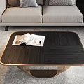 Modern Living Room Coffee Table With Dark Wooden Top And Woven Metal Base