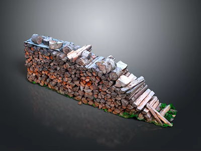 Neatly Stacked Firewood Logs of Various Sizes with Green Plants at Base 3d model