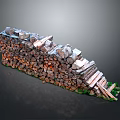 Neatly Stacked Firewood Logs of Various Sizes with Green Plants at Base