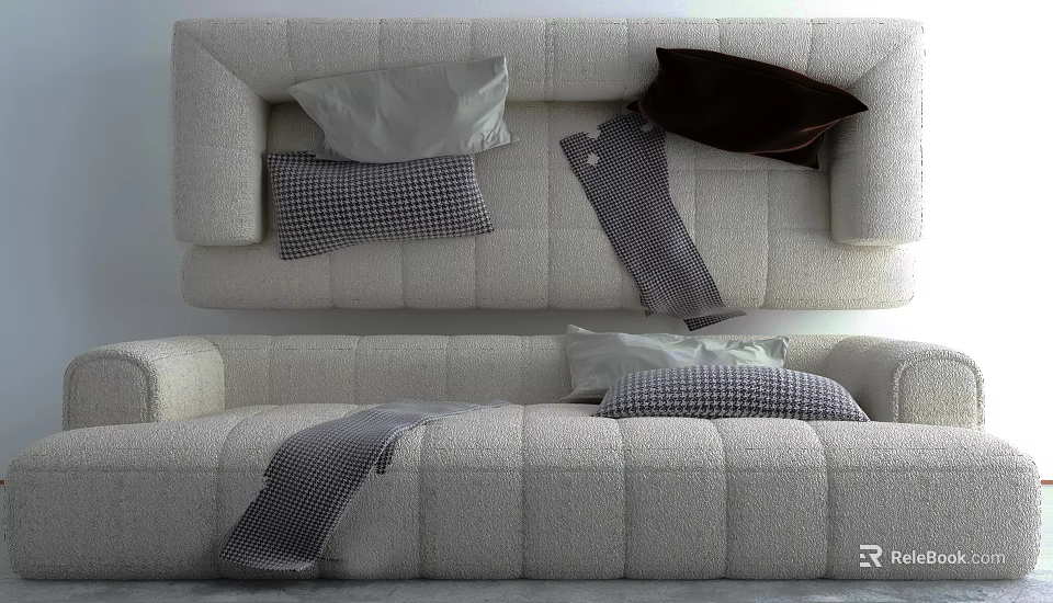 Modern Beige Upholstered Sectional Sofa With Plaid Pillows And Throw Blanket 3d model