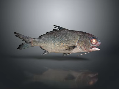 Grey Fish Shaped Decorative Household Item With Red Eyes Open Mouth And Shiny Surface 3d model