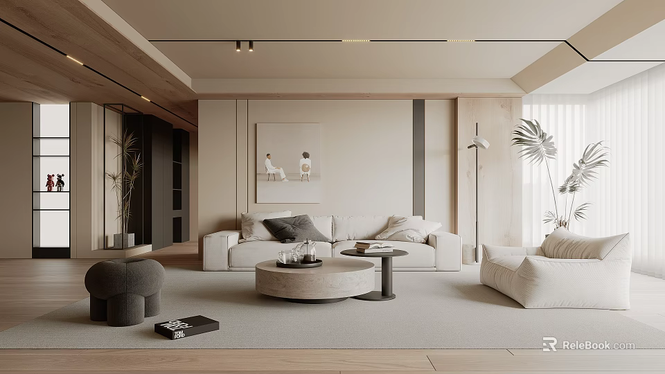 Modern Living Room Interior Design With Beige Sofa Round Coffee Table And Grey Rug 3d model 