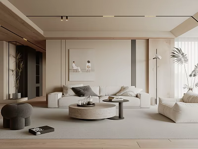 Modern Living Room Interior Design With Beige Sofa Round Coffee Table And Grey Rug 3d model