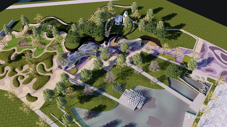 Modern Scenic Wall Design In Park Landscape With Greenery And Water Features 3d model 
