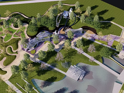 Modern Scenic Wall Design In Park Landscape With Greenery And Water Features 3d model