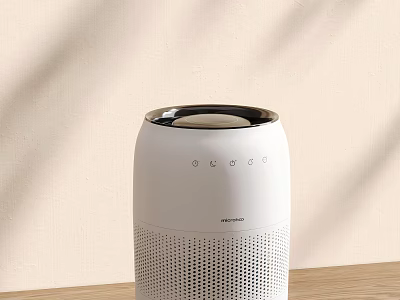 White Air Purifier With Silver Top Control Panel On Wooden Table 3d model