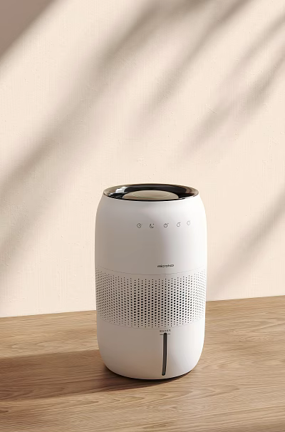White Air Purifier With Silver Top Control Panel On Wooden Table 3d model