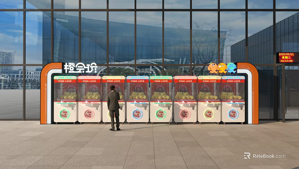 Colorful Outdoor Amusement Equipment With Multiple Claw Machines And Person Standing Near Building 3d model 