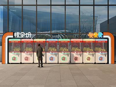 Colorful Outdoor Amusement Equipment With Multiple Claw Machines And Person Standing Near Building 3d model