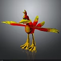 Cartoon Bird Character With Red and Yellow Feathers Spread Wings Green Eyes and Yellow Legs