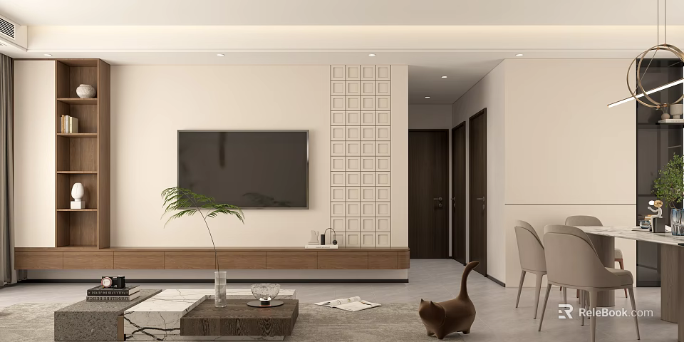 Modern Living Dining Room Design With TV Wall Grid Pattern Sofa Coffee Table Dining Chairs 3d model