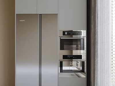 Modern Kitchen Interior Featuring Stainless Steel Refrigerator Freezer And Built In Appliances 3d model