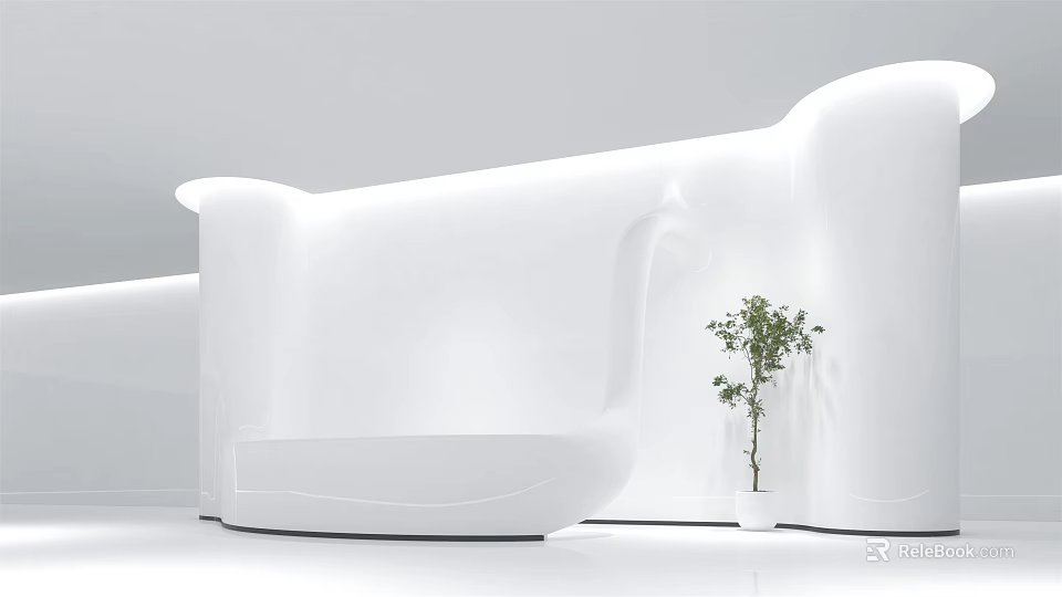 Modern White Curved Reception Desk Design With Potted Plant In Interior 3d model 