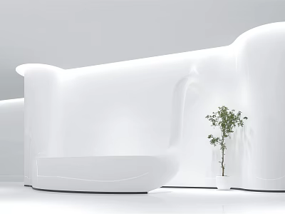 Modern White Curved Reception Desk Design With Potted Plant In Interior 3d model