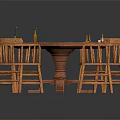 Hexagonal Game Table With Green Felt Top And Playing Cards Surrounded By Wooden Chairs