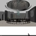 Elegant Private Dining Room With Circular Rippling Ceiling Green Pendant Light And Round Table 3d model