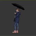 Woman in Blue Coat With Scarf Holding Black Umbrella and Pink Boots on Gray Background