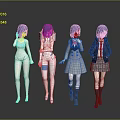Four Blue Haired Female Characters Displaying Different Outfits and Styles 3d model