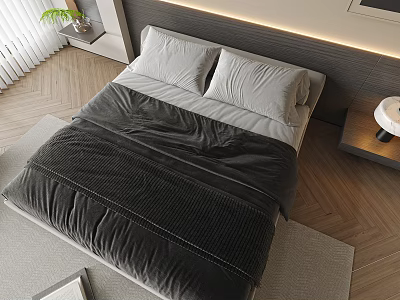 Modern Double Bed With Gray Textured Bedding LED Light Headboard And Wooden Floor 3d model