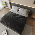 Modern Double Bed With Gray Textured Bedding LED Light Headboard And Wooden Floor