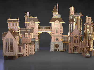 3D Castle Architecture Model With Towers Archways Spires And Detailed Stone Structures 3d model