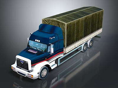 Blue Cab Commercial Truck With Green Tarpaulin Covered Cargo Bed 3d model