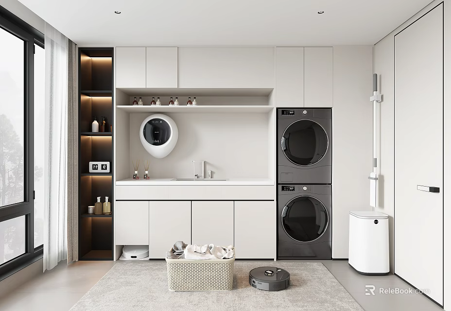 Modern Laundry Room Interior With White Cabinets Washing Machine Dryer Sink Mirror Storage Shelves 3d model 