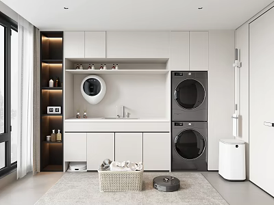 Modern Laundry Room Interior With White Cabinets Washing Machine Dryer Sink Mirror Storage Shelves 3d model